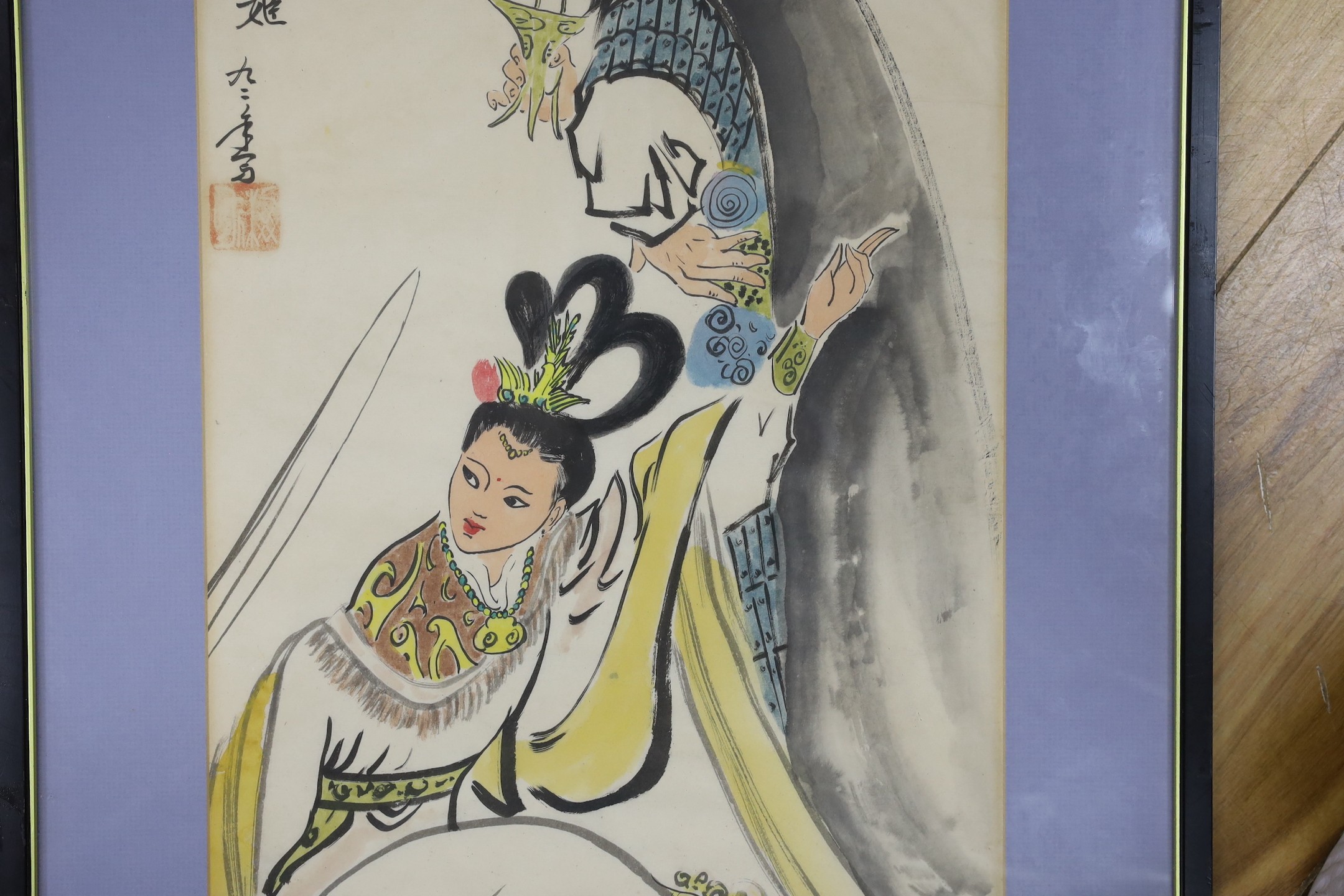 Chinese School, watercolour on paper, Warrior and princess, signed, 62 x 29cm